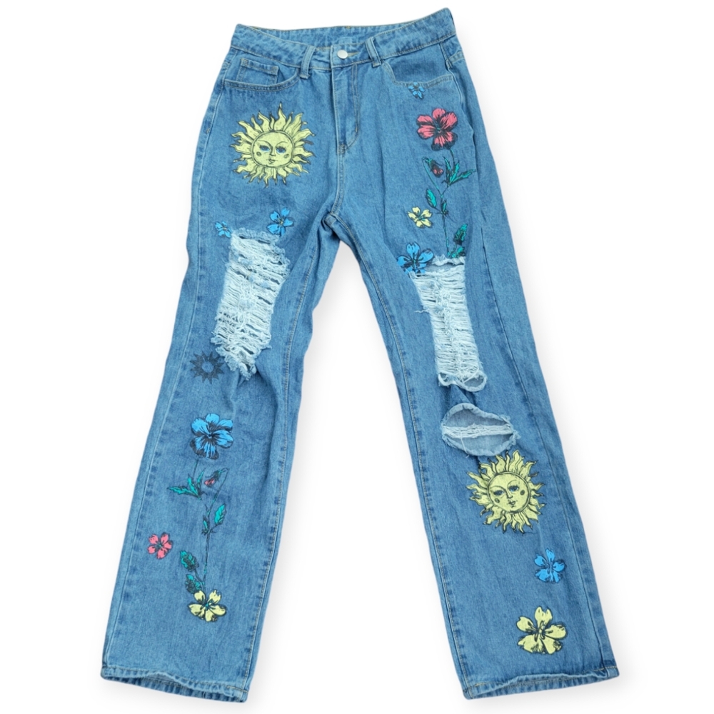 Colorful 70s Inspired Floral Sunface Bohemian Jeans